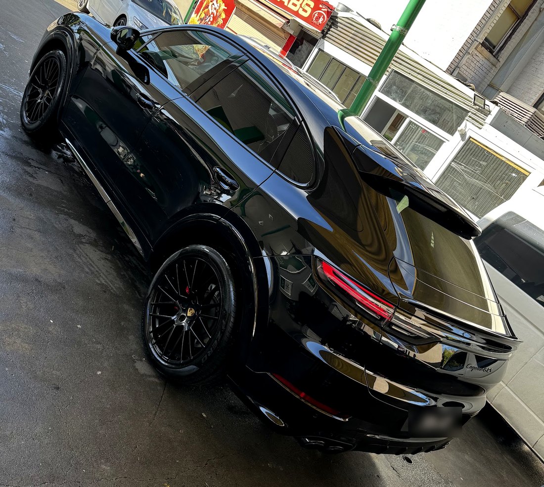 Black Porsche Macan GTS after a full hand wash